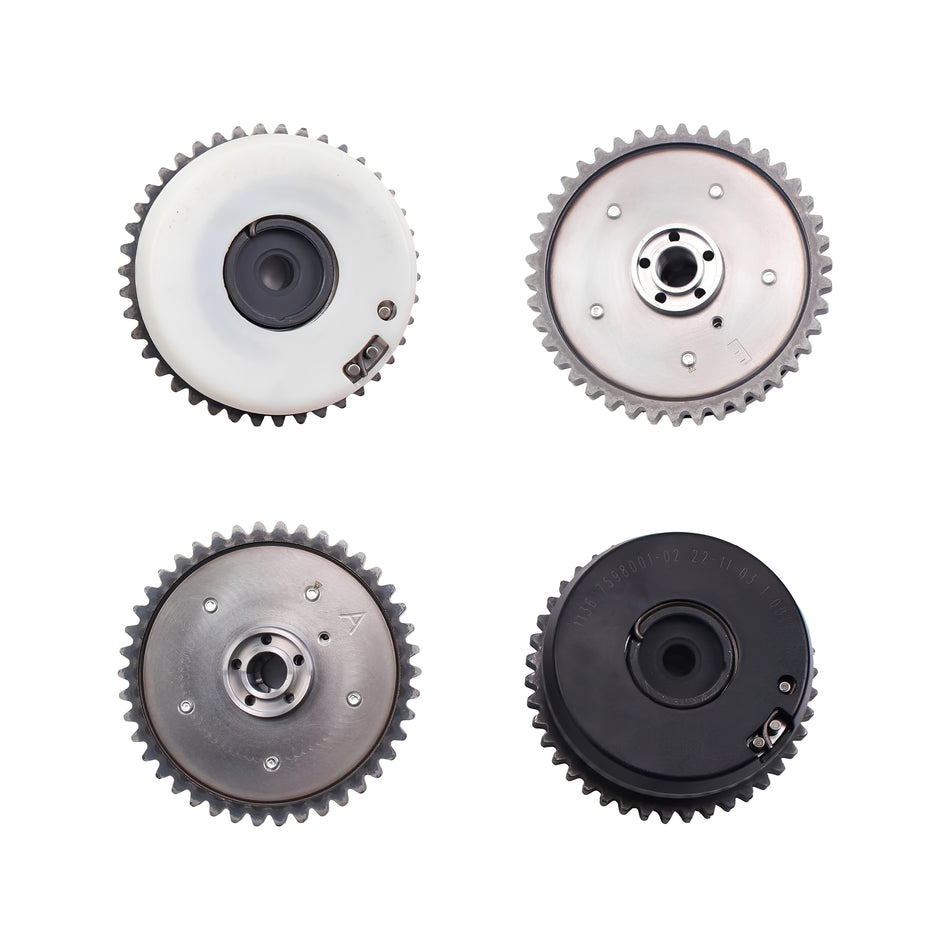 Timing chain sprocket set with four steel gears and center hub, light and dark finishes