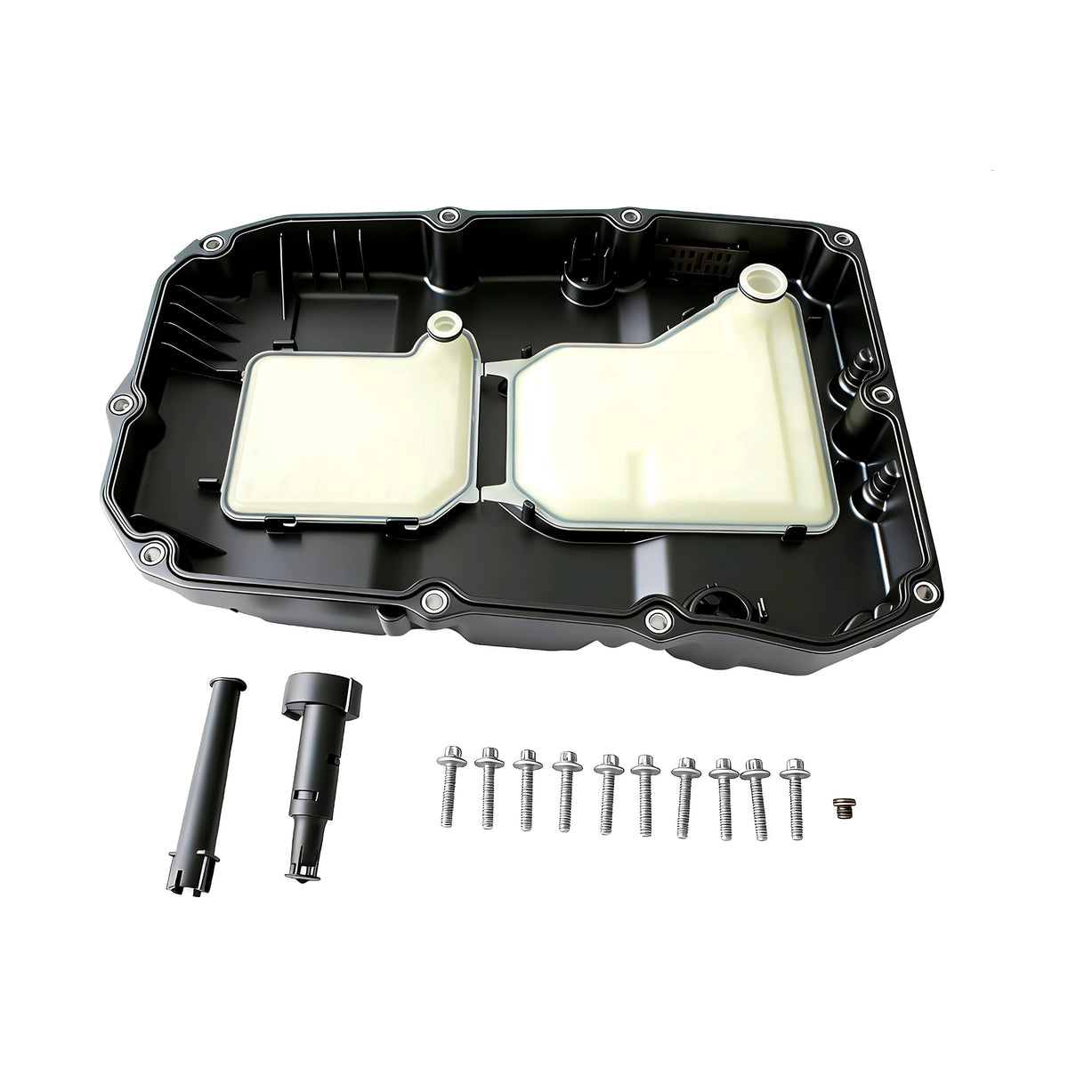 Automatic transmission oil pan kit with drain plug, bolts, and gasket, black housing