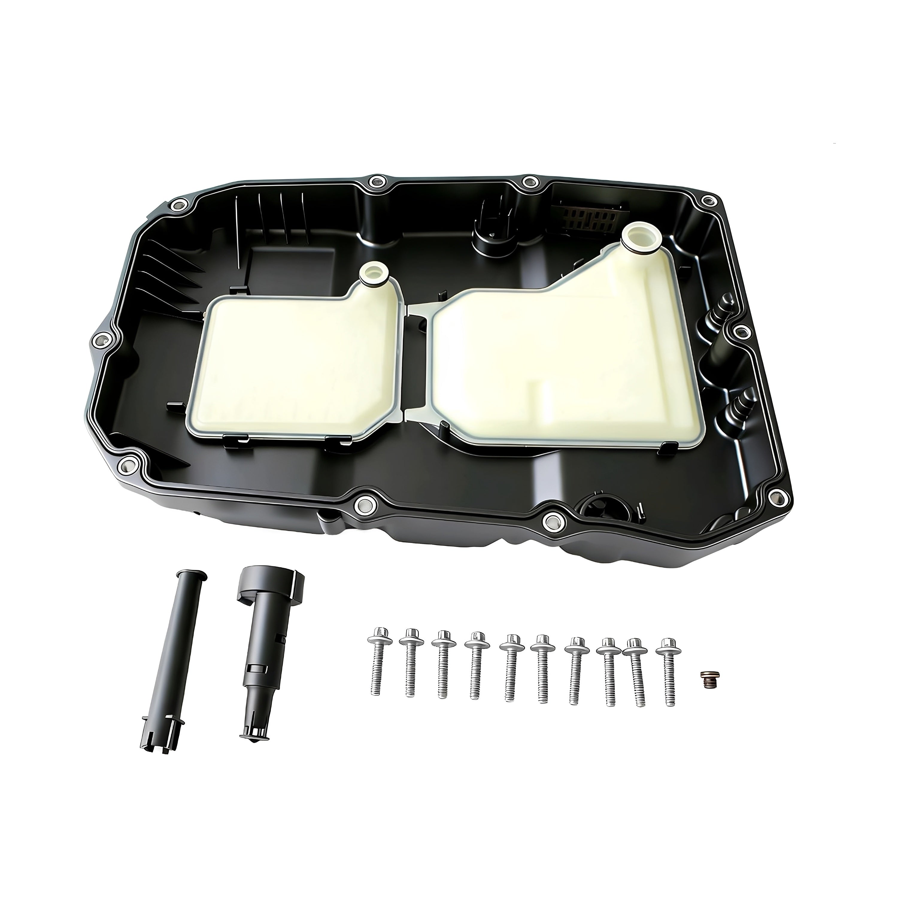 Automatic transmission oil pan kit with drain plug, bolts, and gasket, black housing