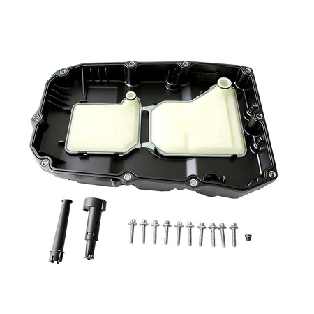 Automatic transmission oil pan kit with drain plug, bolts, and gasket, black housing