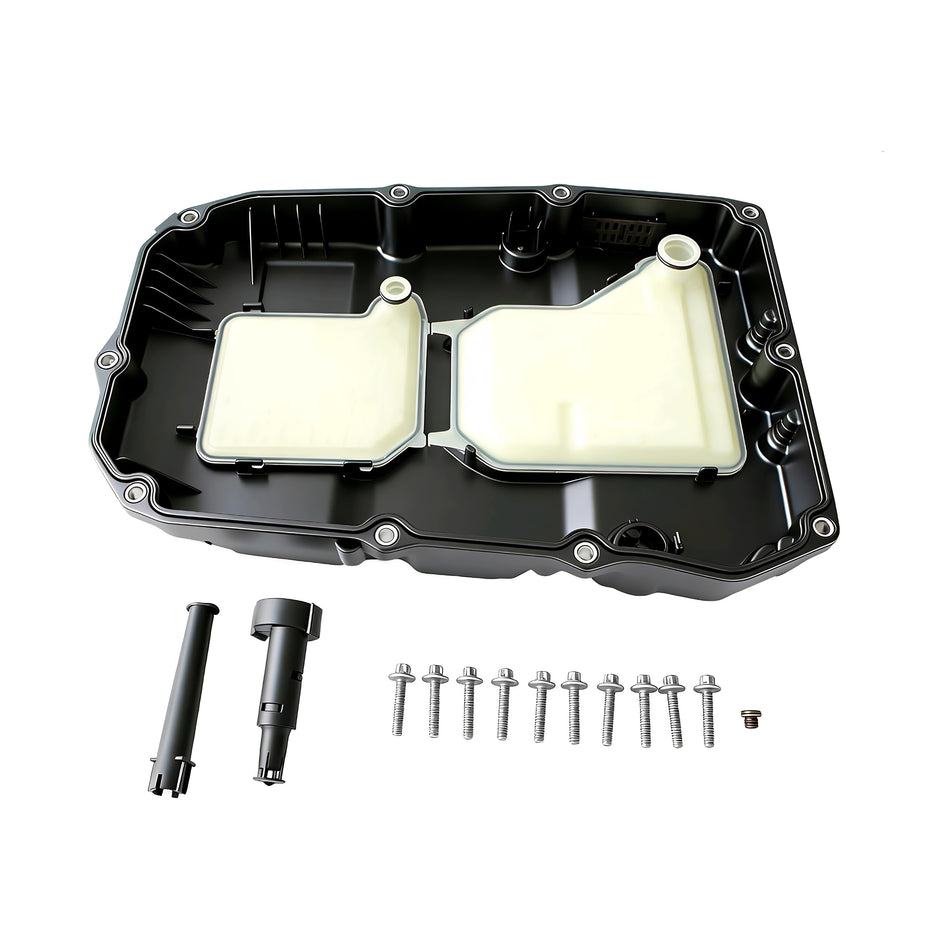 Automatic transmission oil pan kit with drain plug, bolts, and gasket, black housing