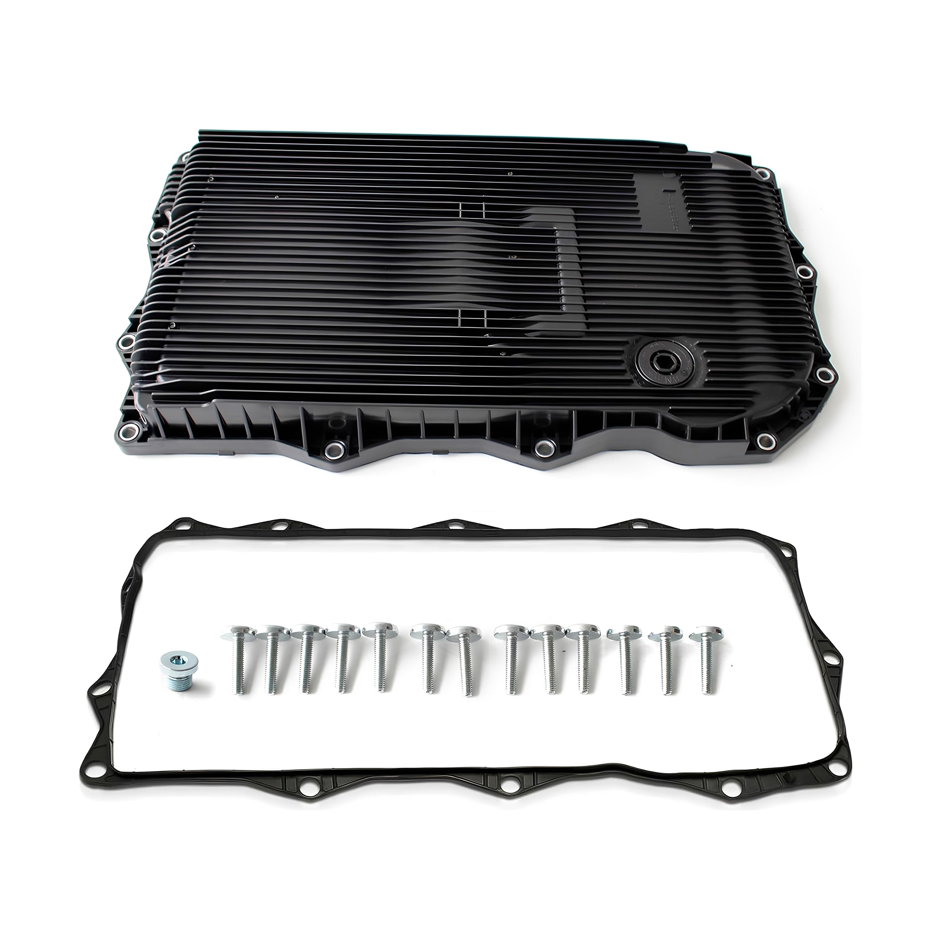 Automatic transmission oil pan kit with black pan, gasket, and mounting bolts