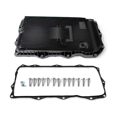 Automatic transmission oil pan kit with black pan, gasket, and mounting bolts
