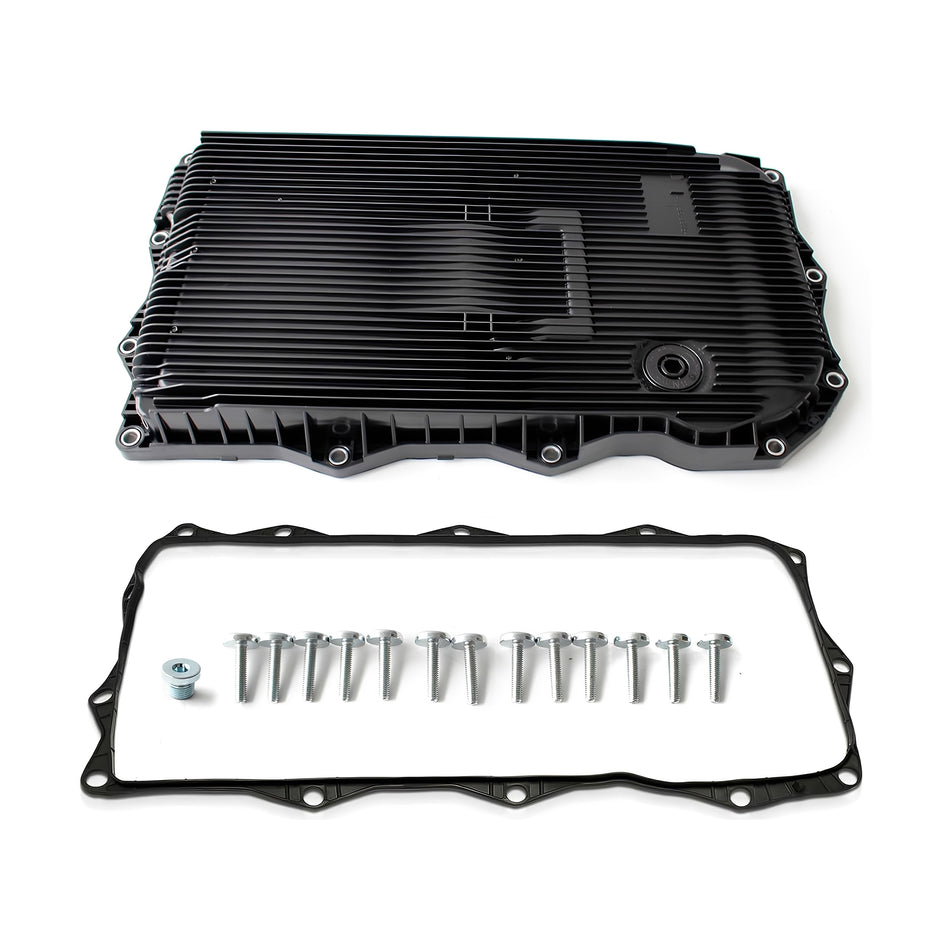 Automatic transmission oil pan kit with black pan, gasket, and mounting bolts