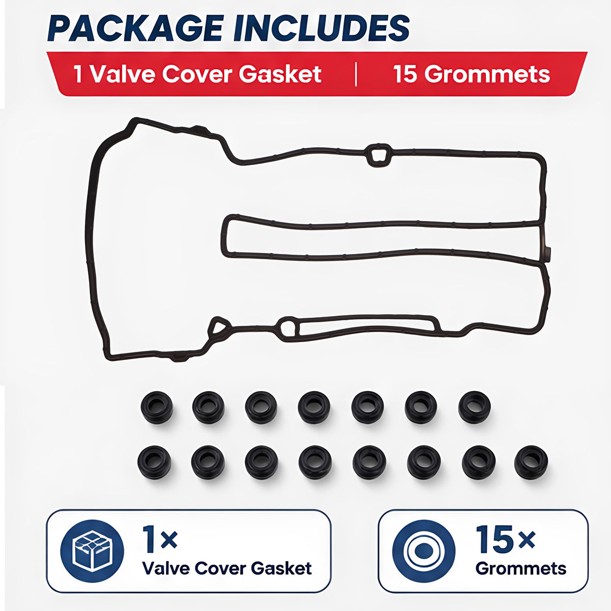 Valve cover gasket set with gasket and multiple grommets for mounting