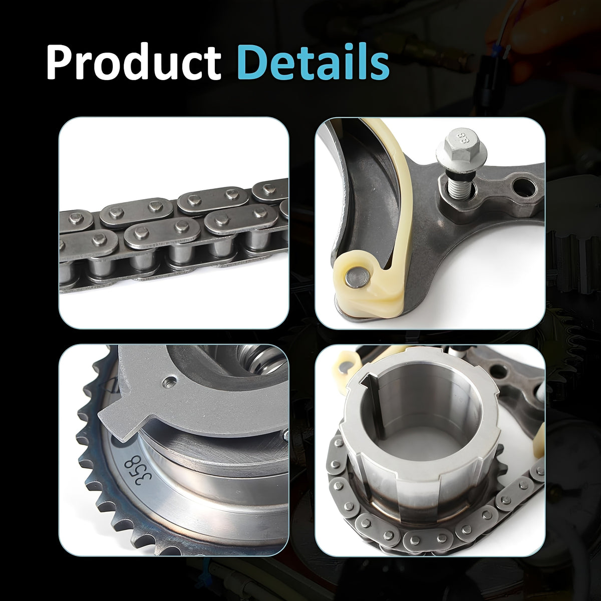 Timing chain kit set: metal chain links, sprocket gears, tensioner guide