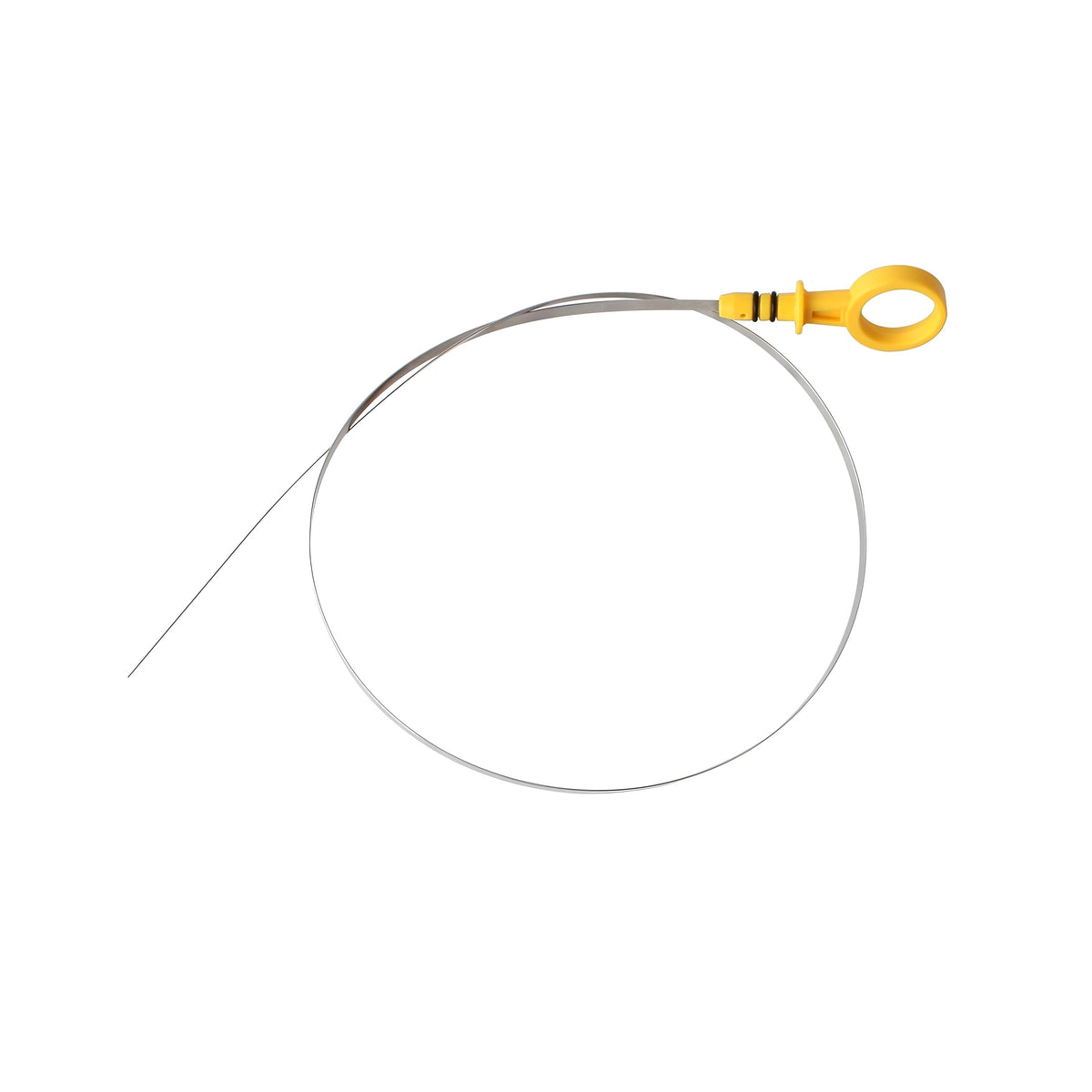 Engine oil dipstick with yellow loop handle and long metal shaft