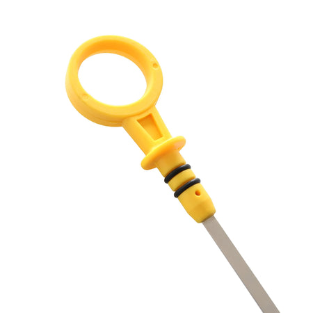 Engine oil dipstick close-up with yellow loop handle and black grip band