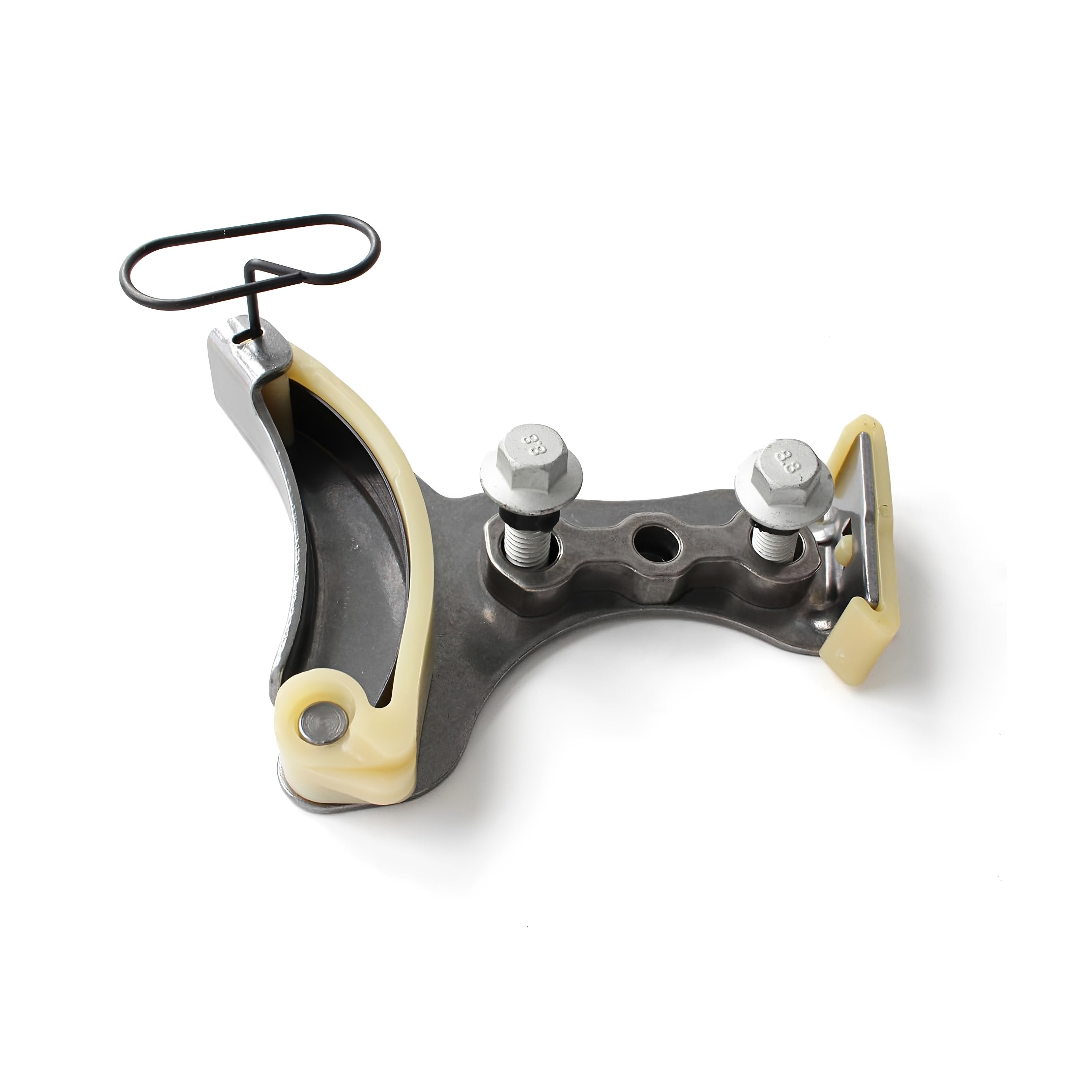 Timing chain tensioner guide assembly with mounting bracket and curved support