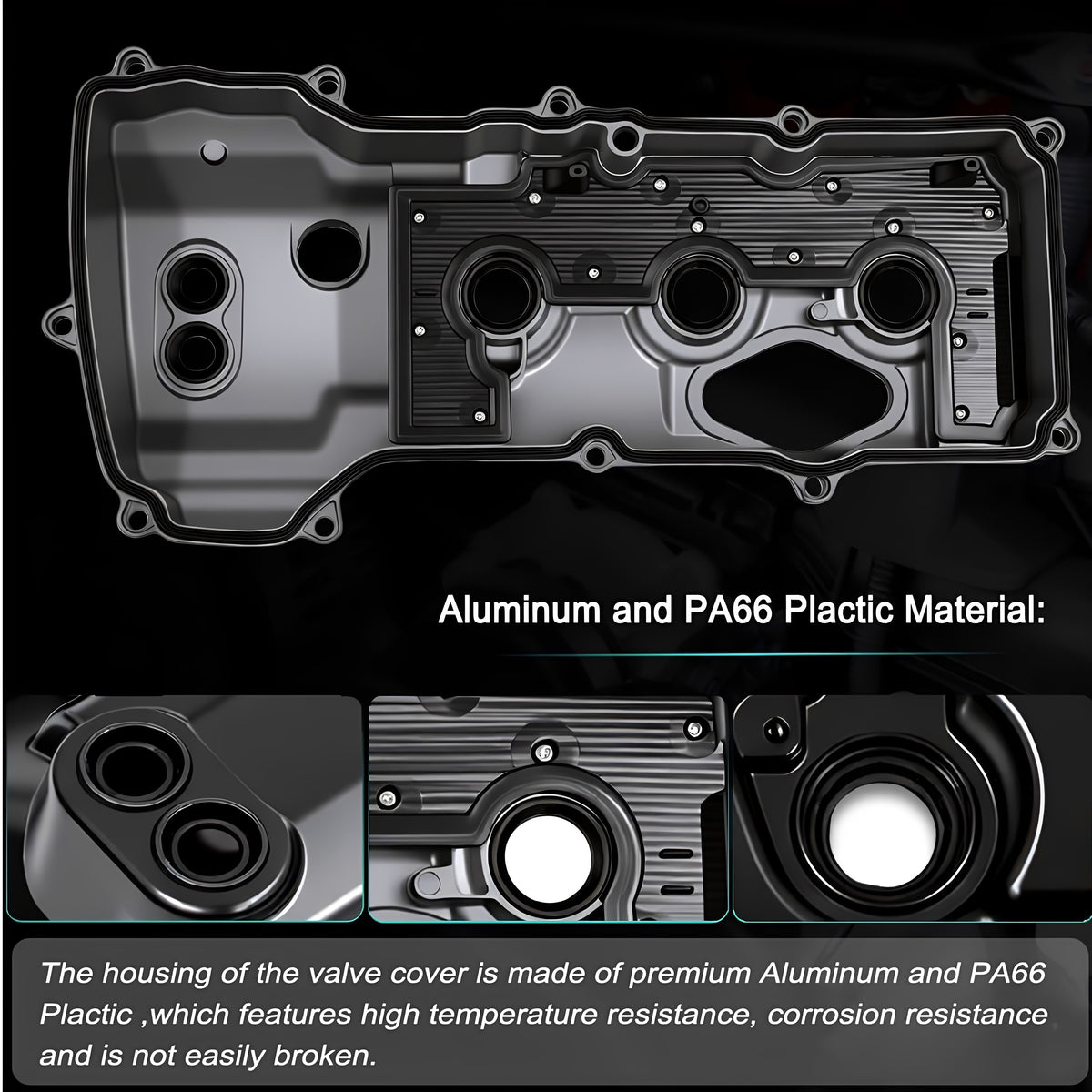 Valve cover kit, matte black aluminum housing with circular ports and side details