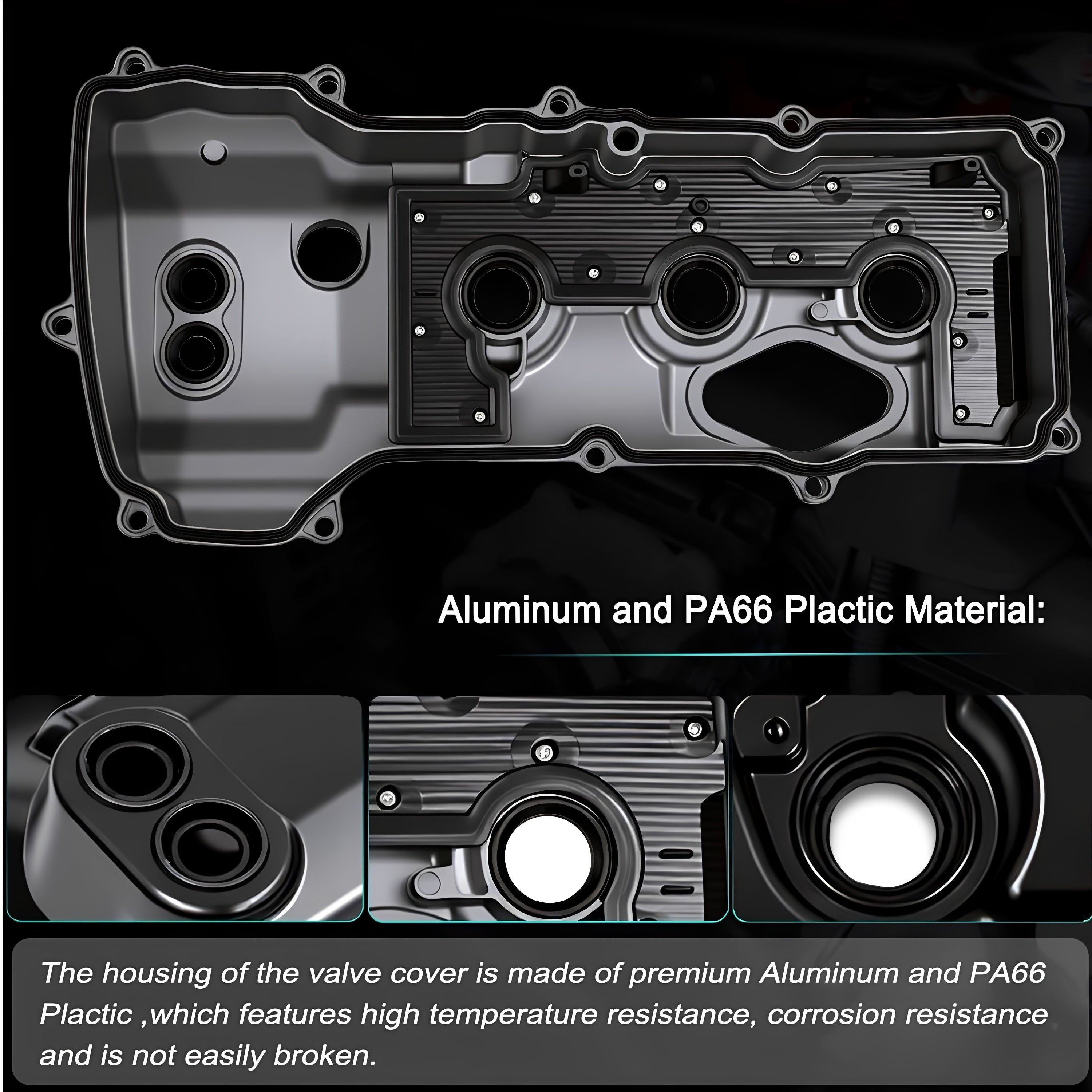 Valve cover kit, matte black aluminum housing with circular ports and side details