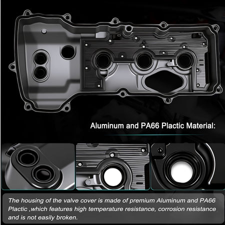 Valve cover kit, matte black aluminum housing with circular ports and side details