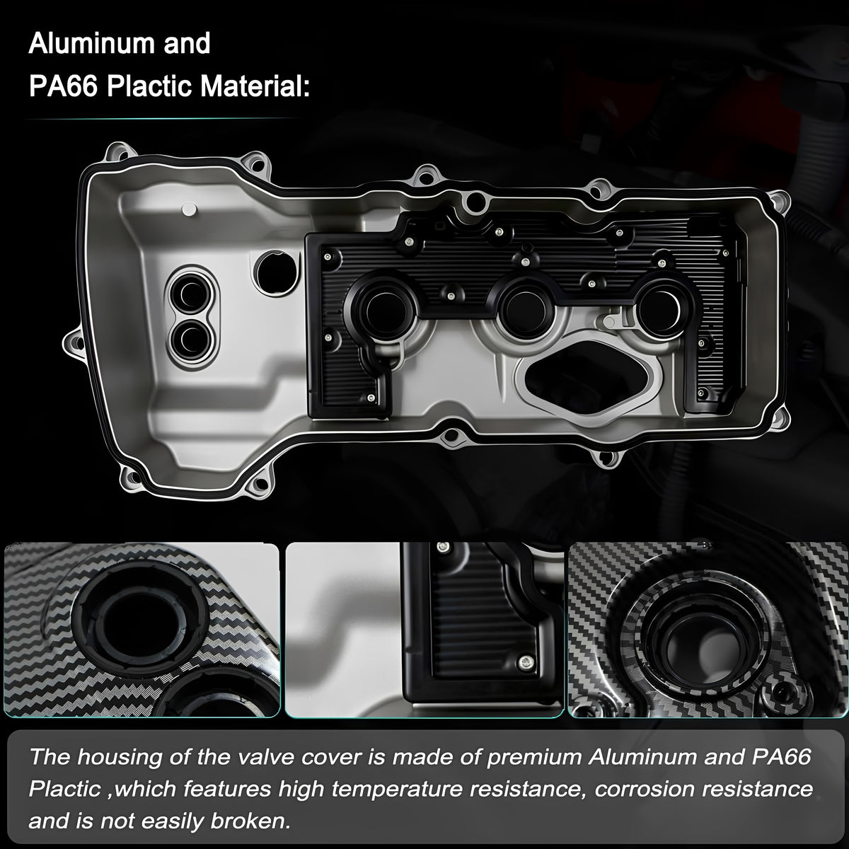 Engine valve cover housing with silver aluminum parts and carbon-fiber style cover
