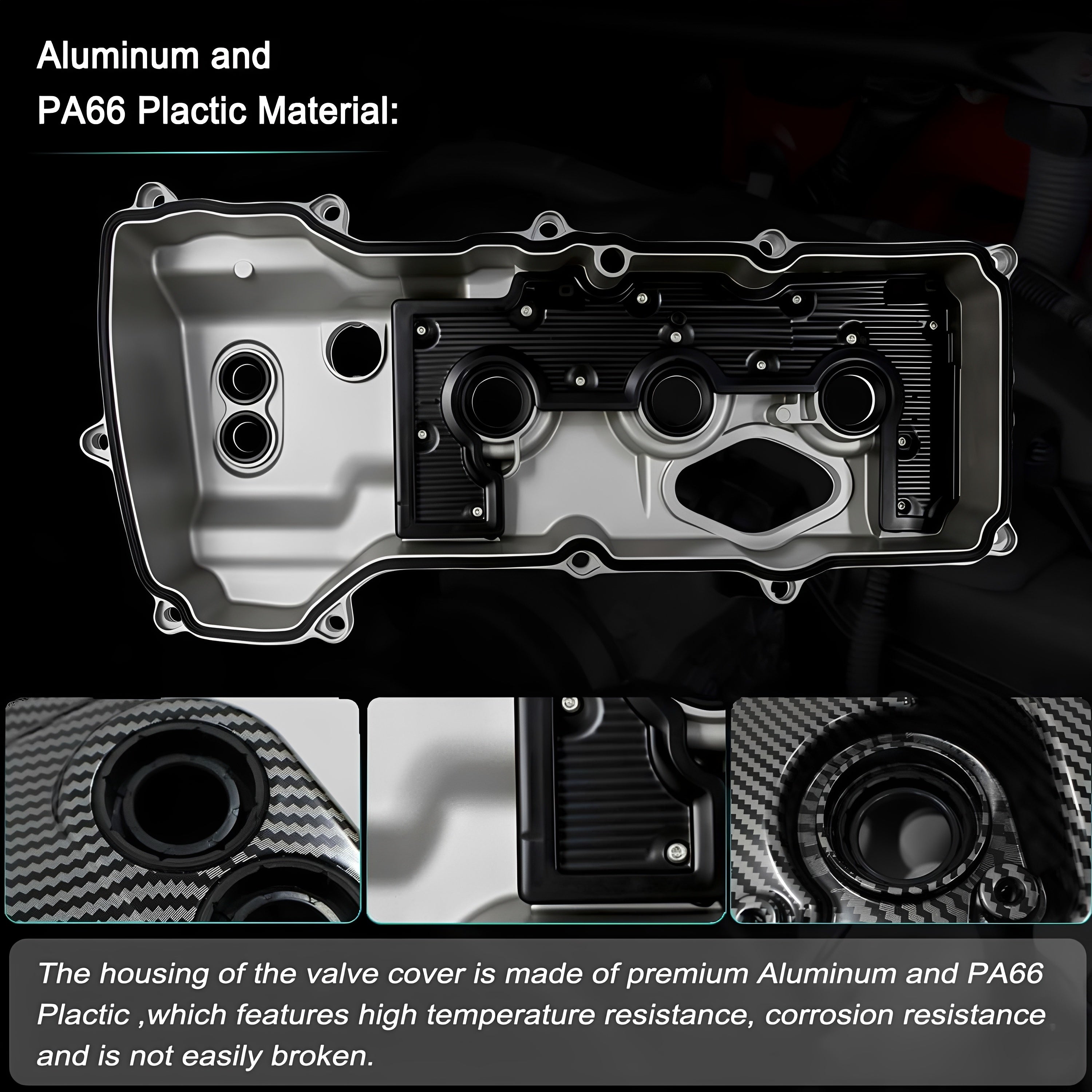 Engine valve cover housing with silver aluminum parts and carbon-fiber style cover