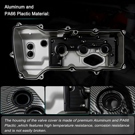 Engine valve cover housing with silver aluminum parts and carbon-fiber style cover