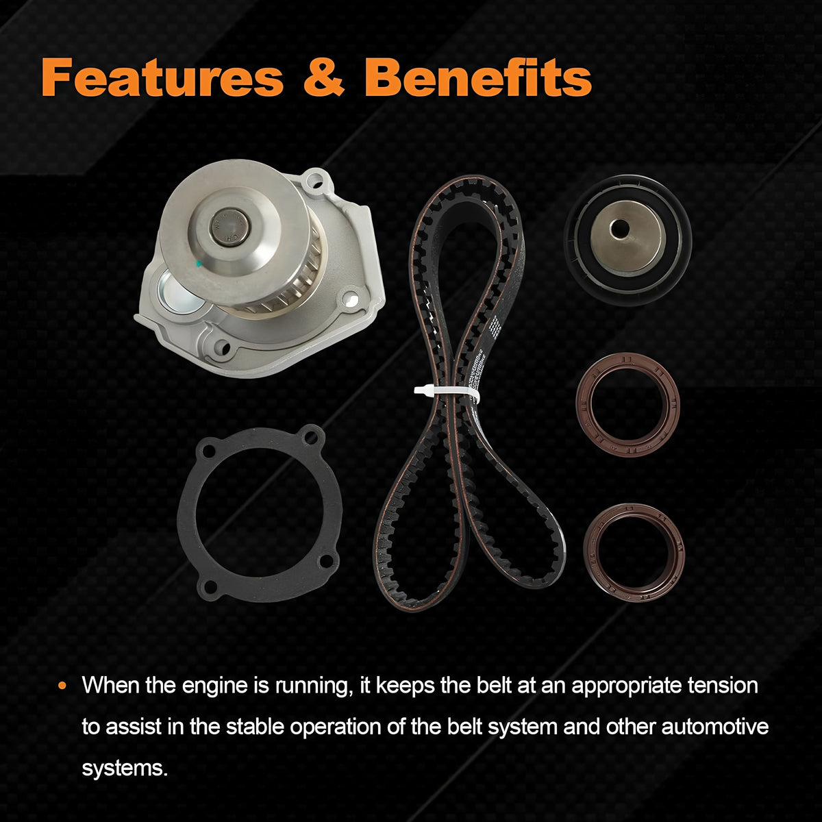 Timing belt kit components: water pump, timing belt, tensioner, front seals, gasket