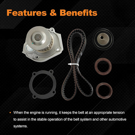 Timing belt kit components: water pump, timing belt, tensioner, front seals, gasket