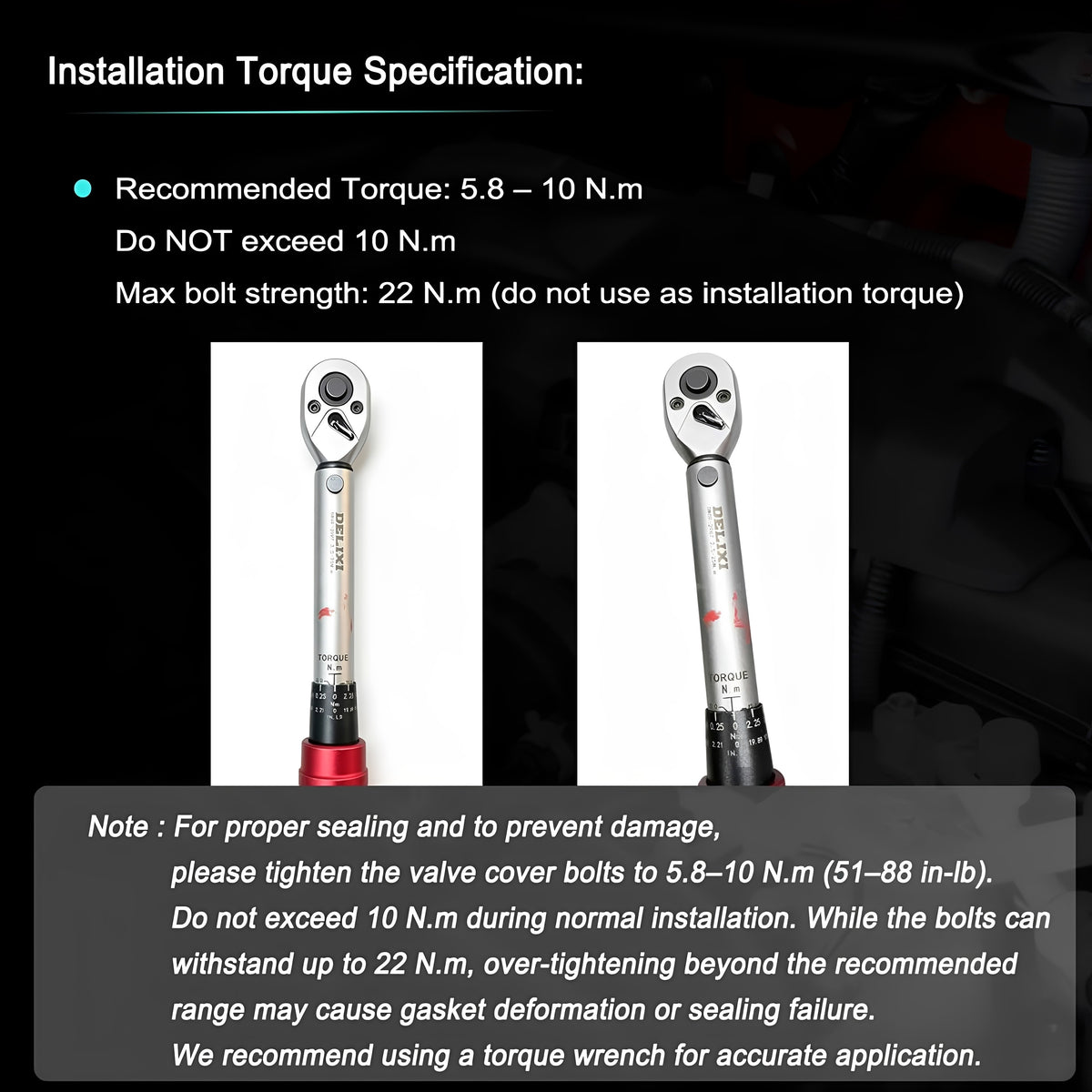 Valve cover kit with included mounting bolts, shown with torque wrench illustrations