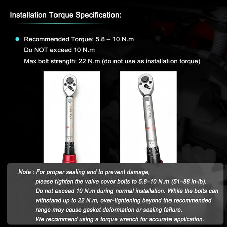 Valve cover kit with included mounting bolts, shown with torque wrench illustrations