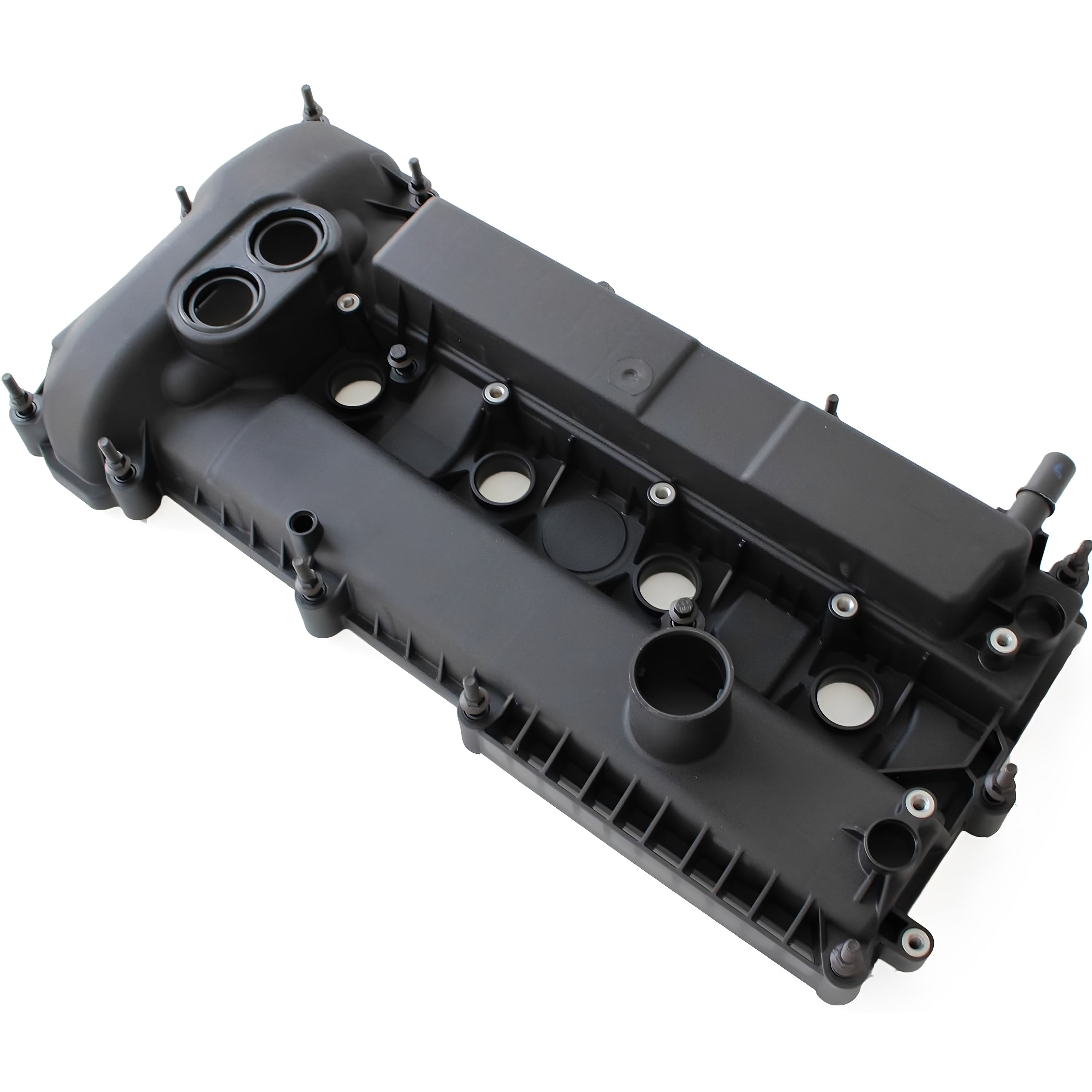 Black engine valve cover with oil cap opening, ports, and mounting hardware
