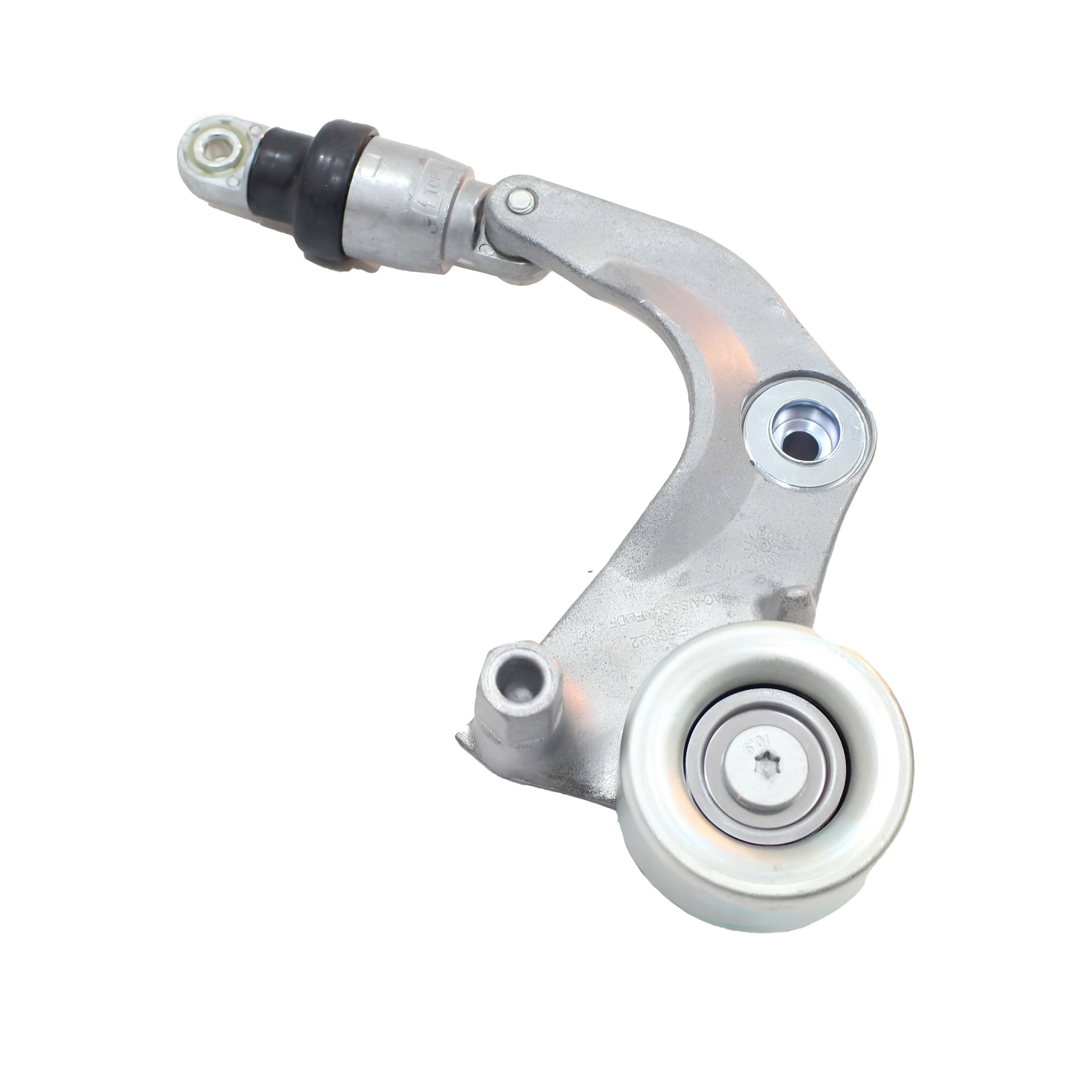 Serpentine belt tensioner with pulley and silver bracket, black housing end.