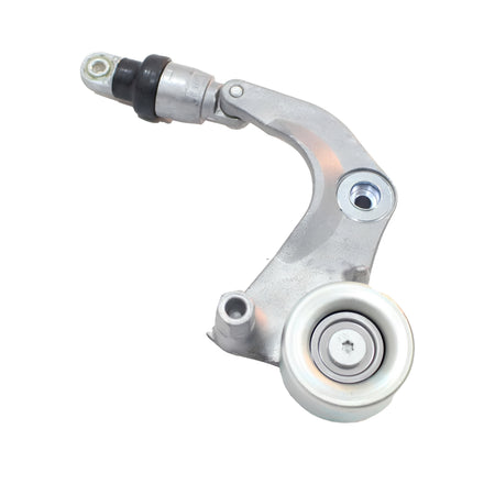 Serpentine belt tensioner with pulley and silver bracket, black housing end.