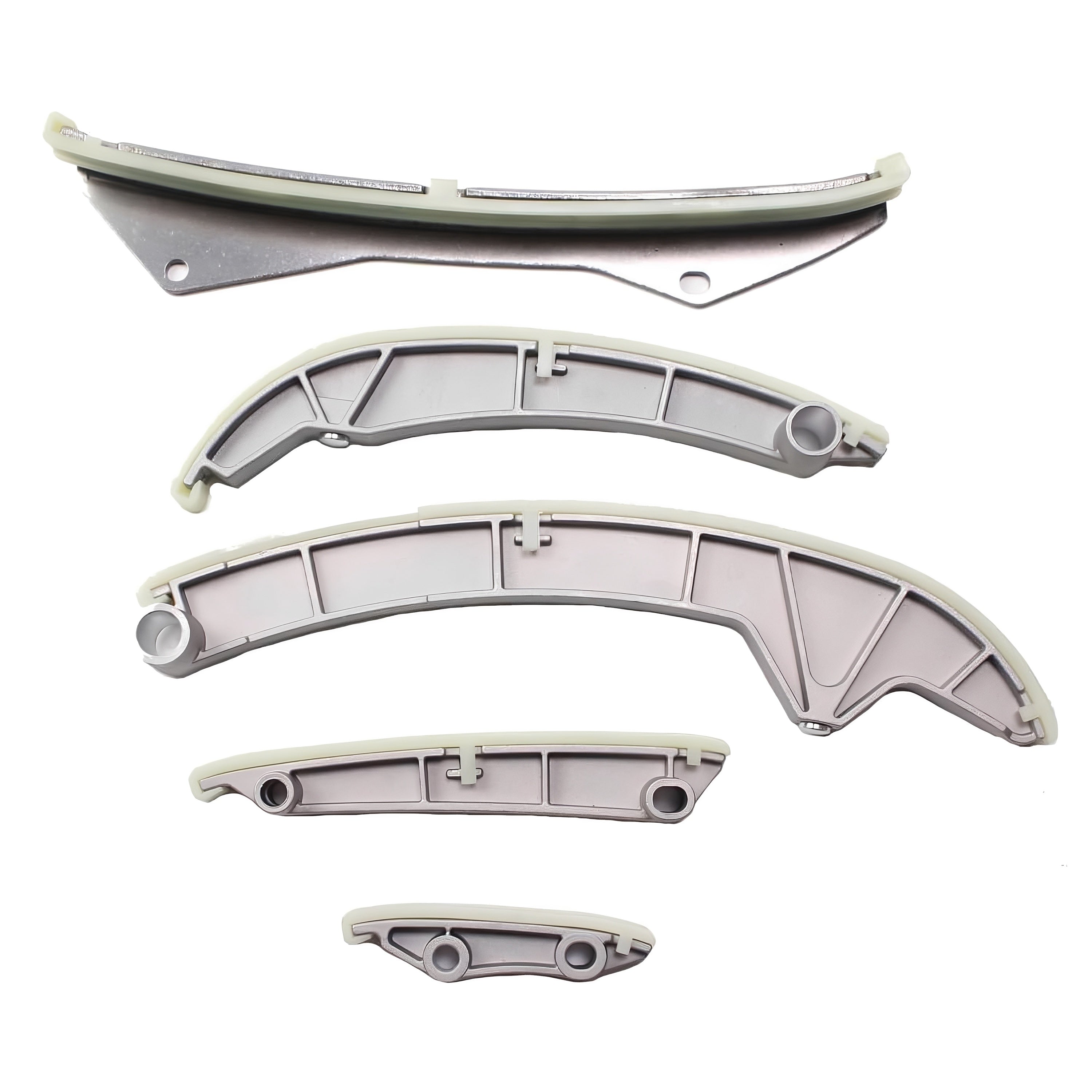 Engine timing chain kit timing guide rails and covers in light gray with black ends