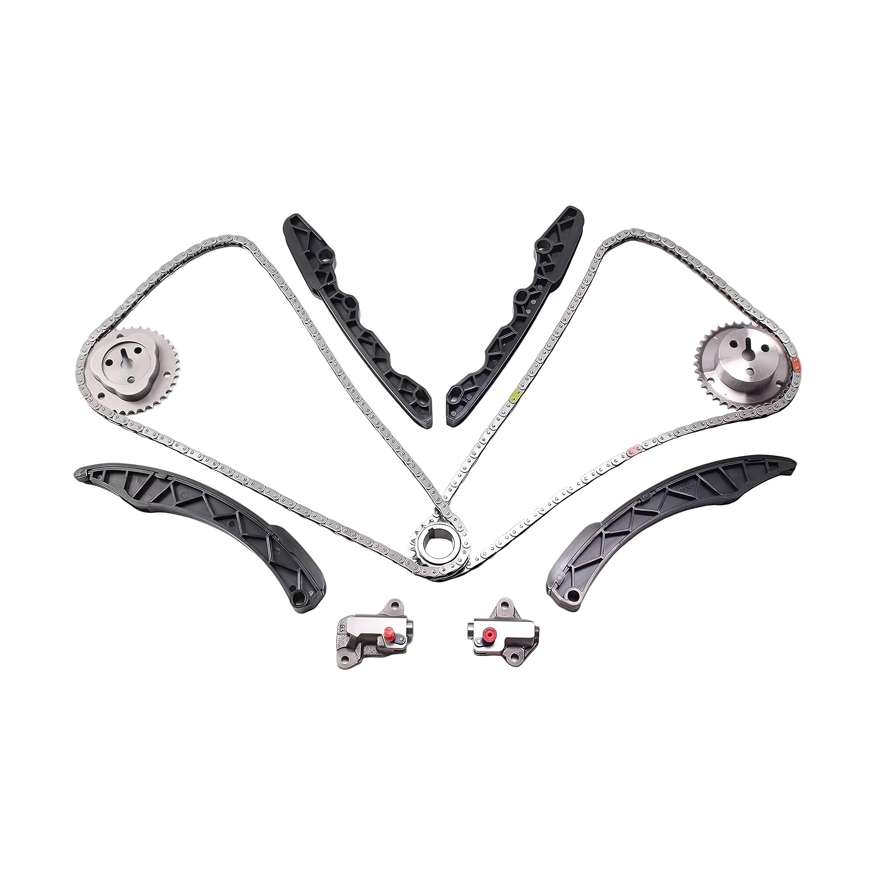 Timing chain kit assembly with timing chain, sprockets, guide rails, and tensioners