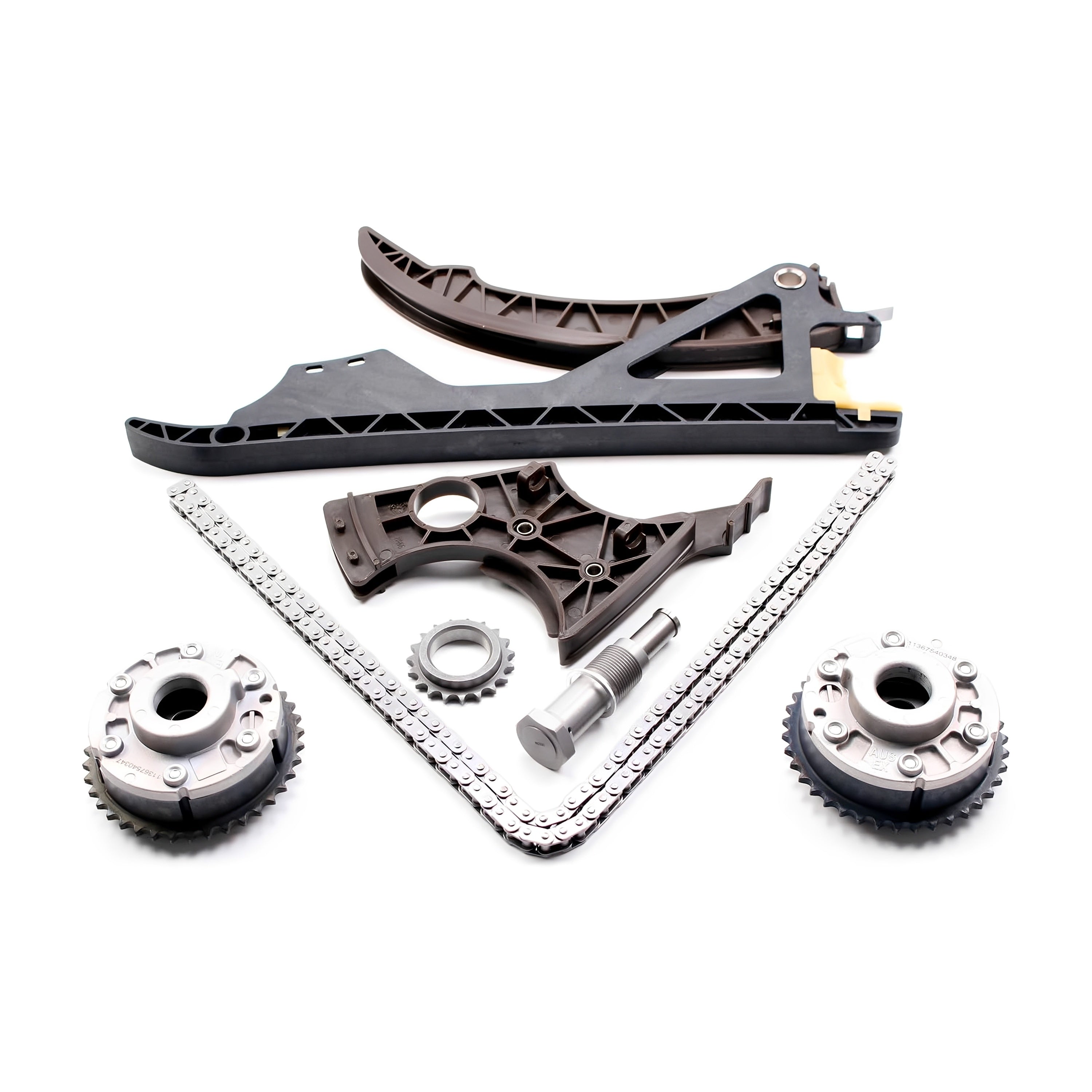 Timing chain kit with black guide assemblies, metal sprockets, and chain tensioner