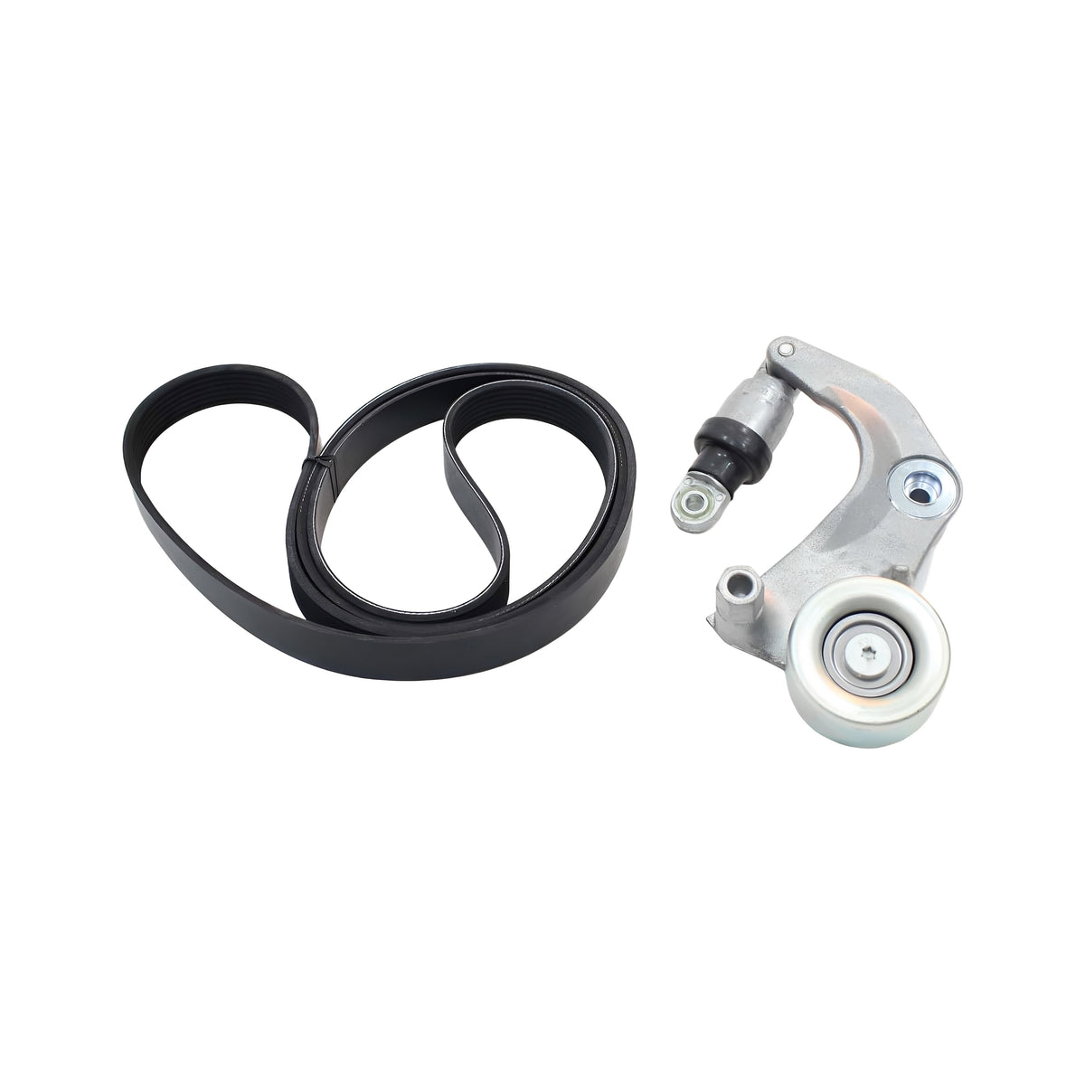 Serpentine belt and tensioner kit set, black belt with pulley tensioner assembly.