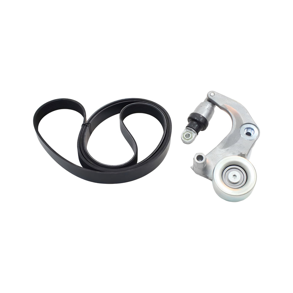 Serpentine belt and tensioner kit set, black belt with pulley tensioner assembly.