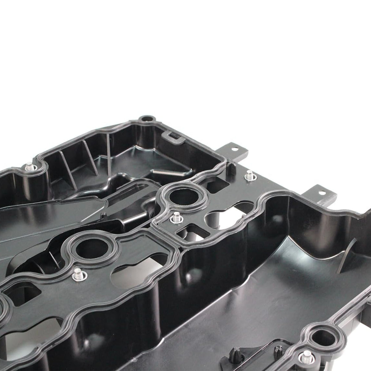 Valve cover with gasket seats and bolt holes, black metal engine cover