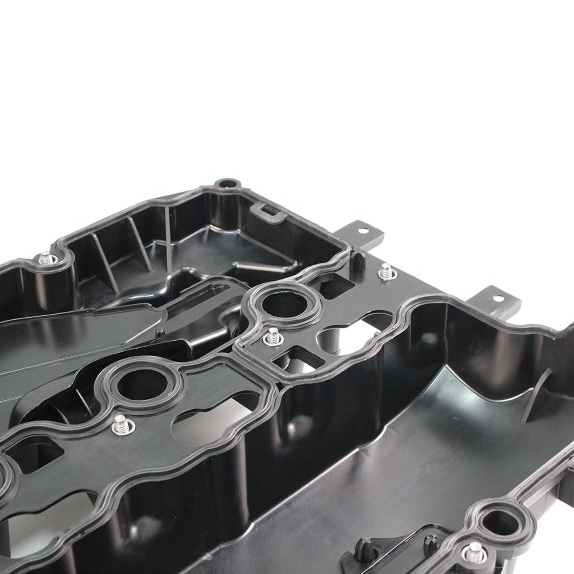 Valve cover with gasket seats and bolt holes, black metal engine cover