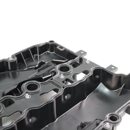 Valve cover with gasket seats and bolt holes, black metal engine cover