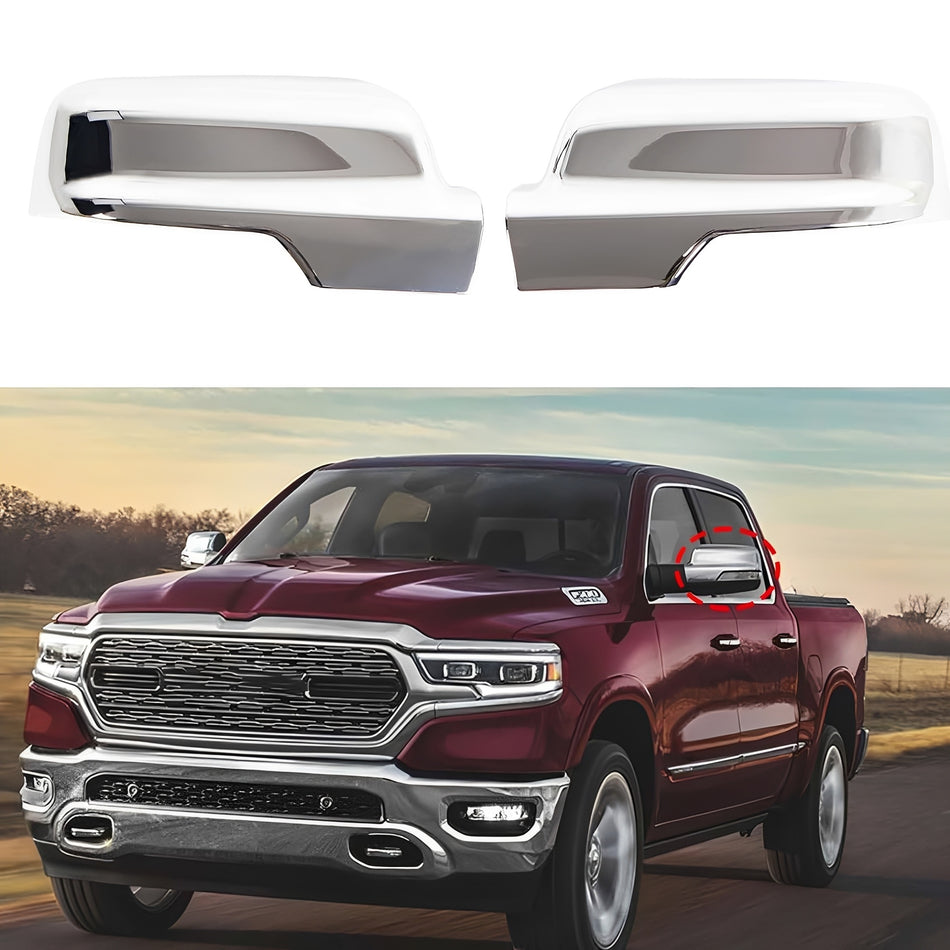 Chrome mirror cover pair with glossy finish for truck side mirrors