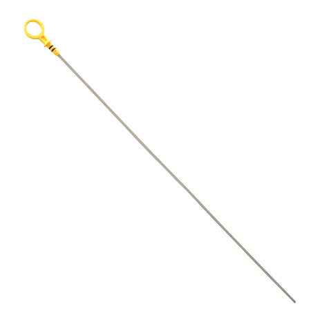 Engine oil dipstick with yellow ring handle and long metal probe shaft