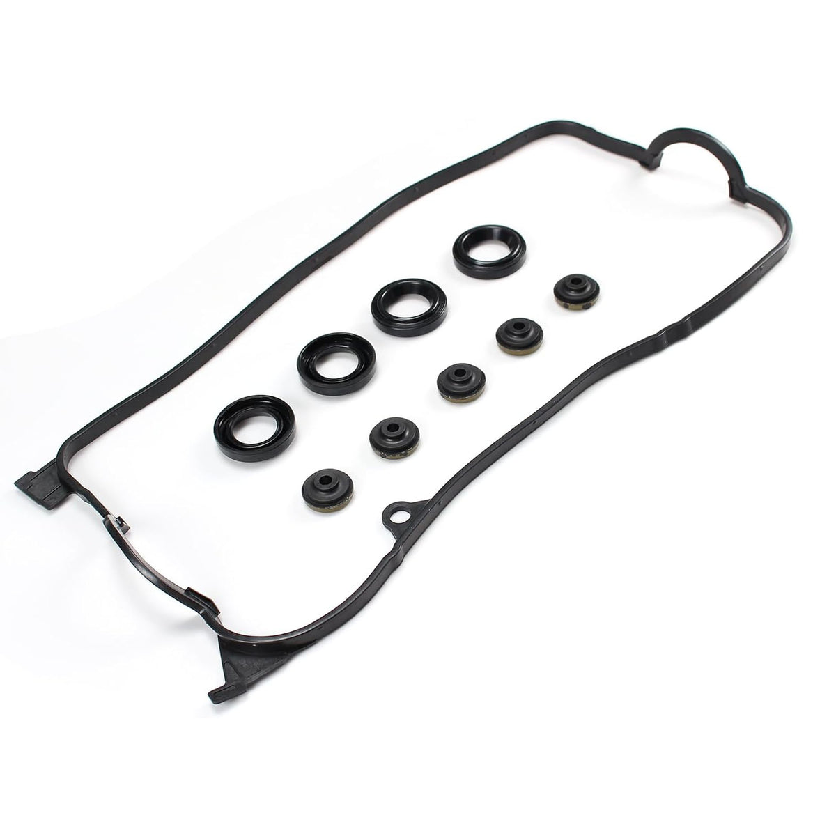 Valve cover gasket set with long rubber gasket and assorted black seal grommets