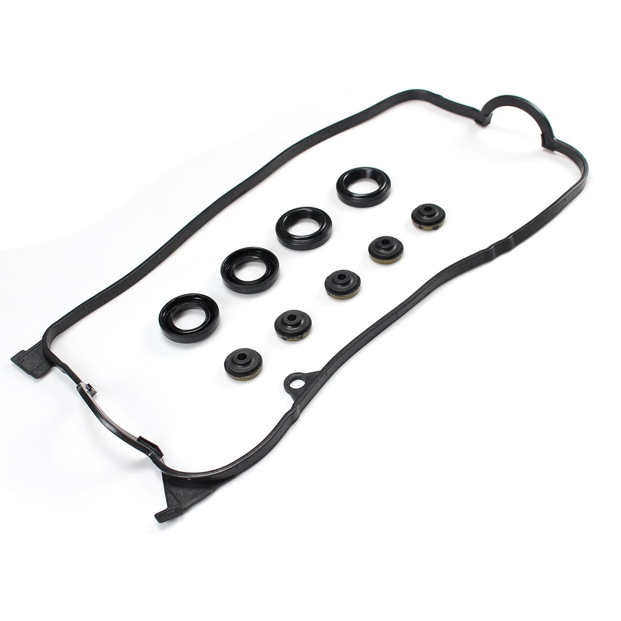 Valve cover gasket set with long rubber gasket and assorted black seal grommets