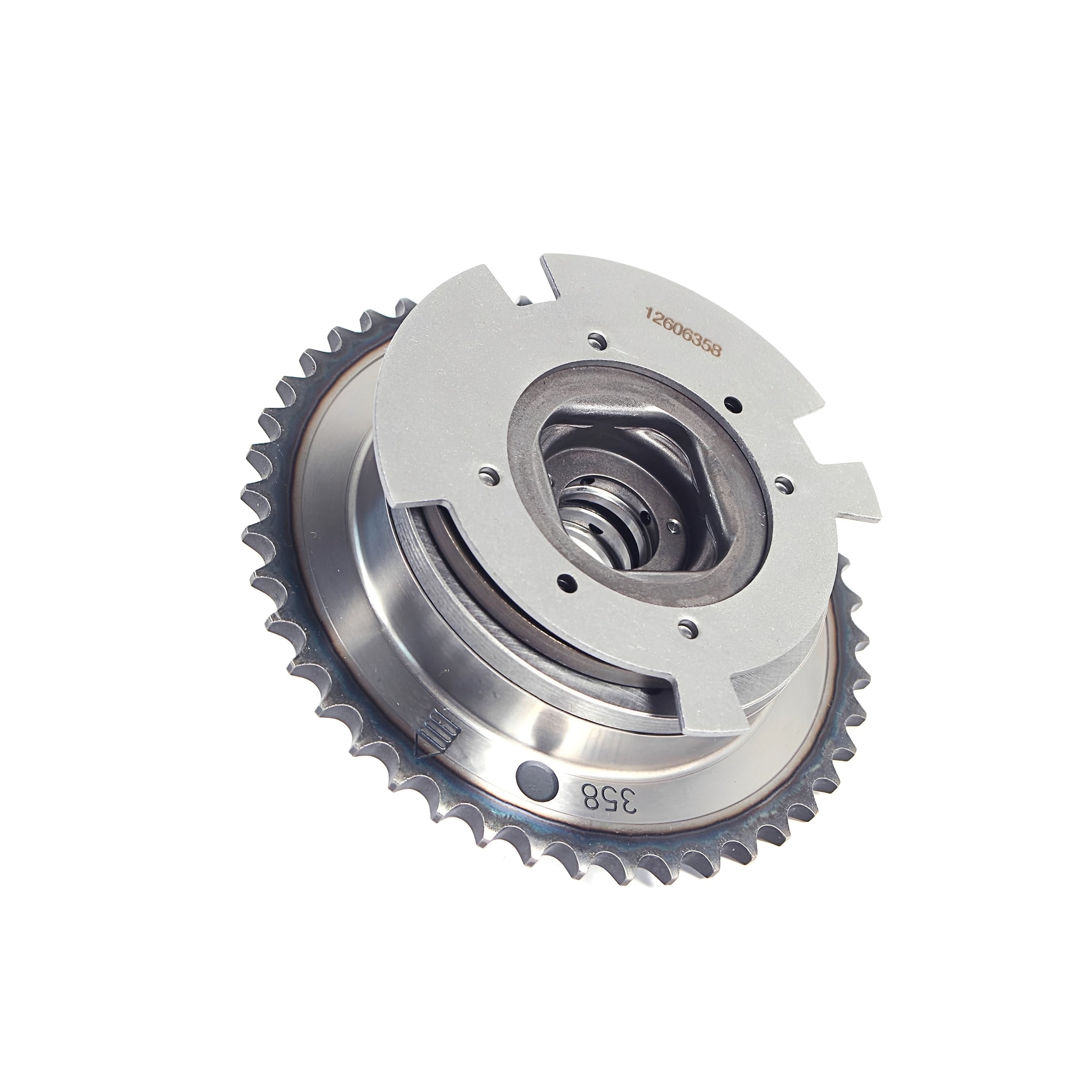 Timing chain sprocket gear with circular housing and stamped numbers on face