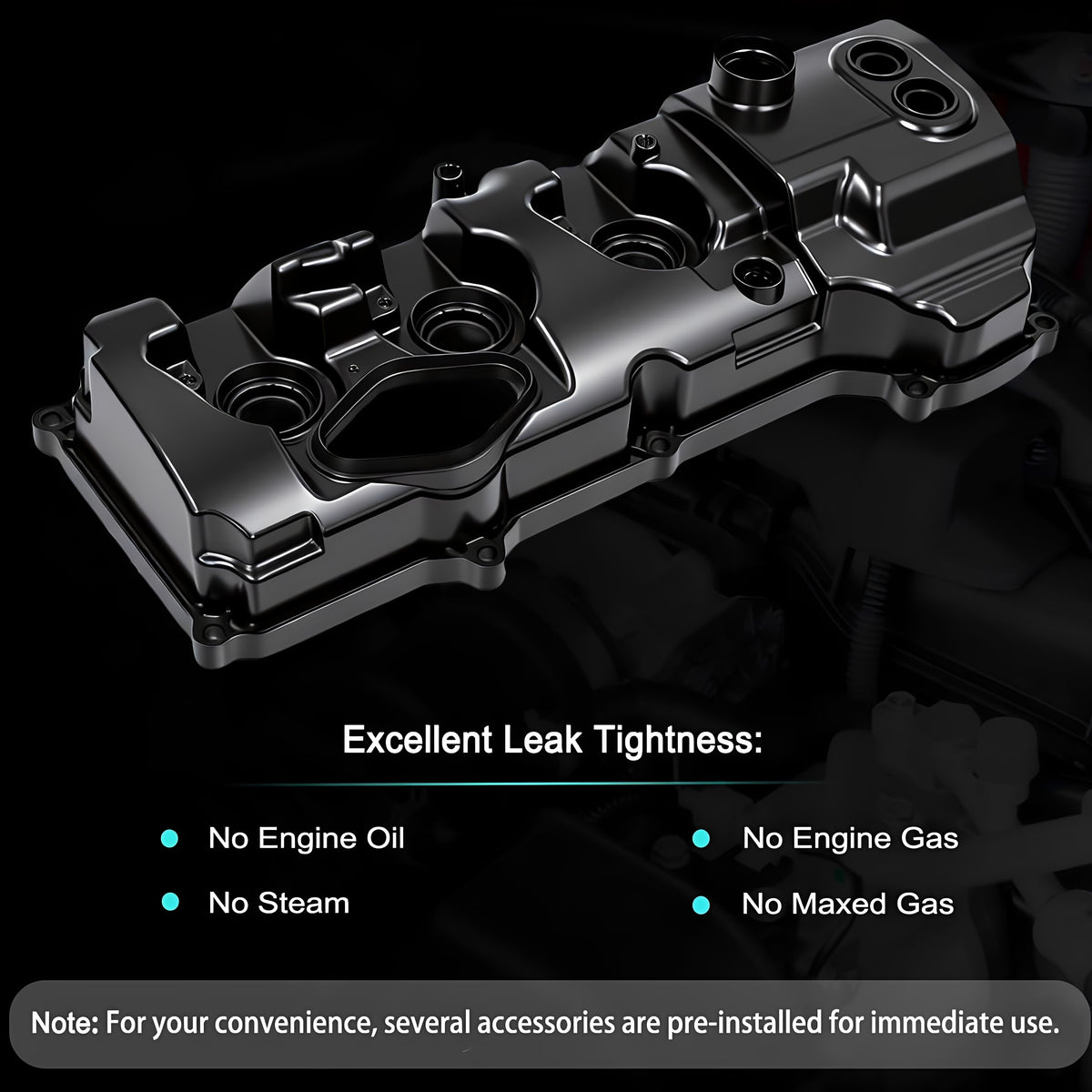 Black valve cover assembly with multiple circular openings and intake ports