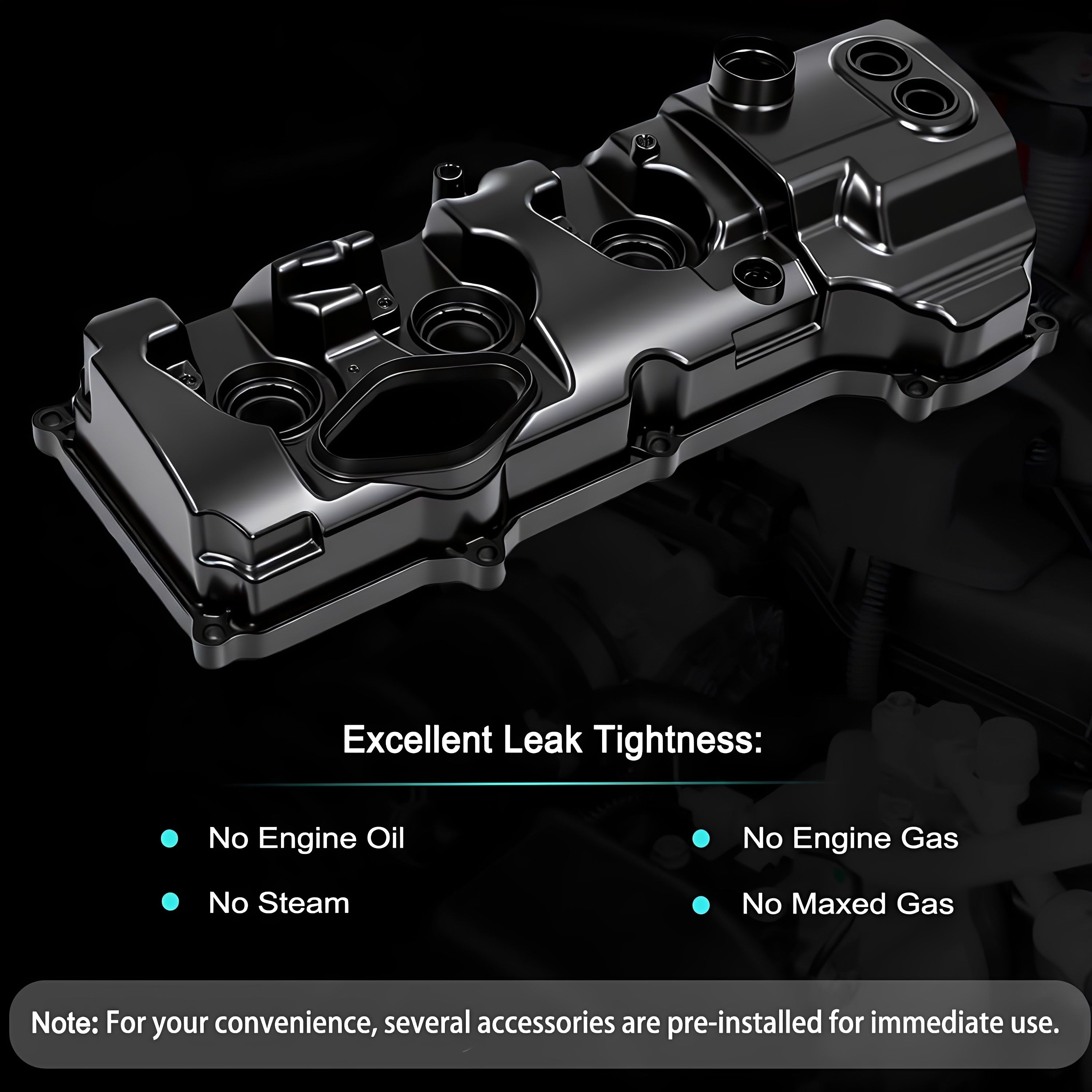 Black valve cover assembly with multiple circular openings and intake ports