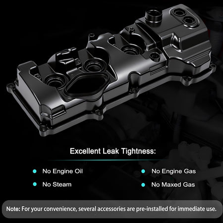 Black valve cover assembly with multiple circular openings and intake ports