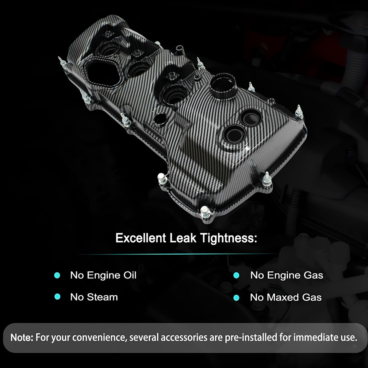 Angled left engine valve cover with carbon-fiber style texture and bolt holes
