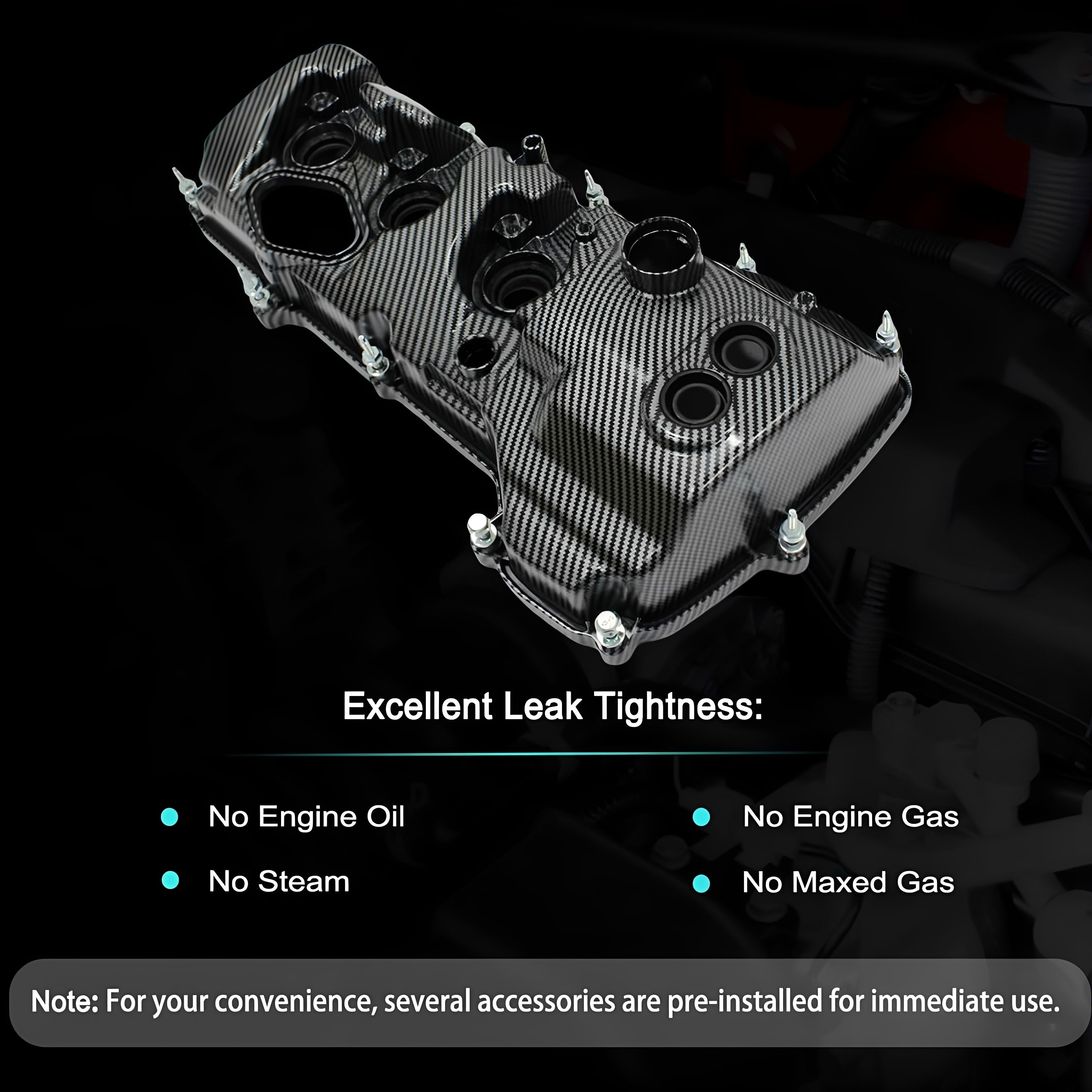 Angled left engine valve cover with carbon-fiber style texture and bolt holes