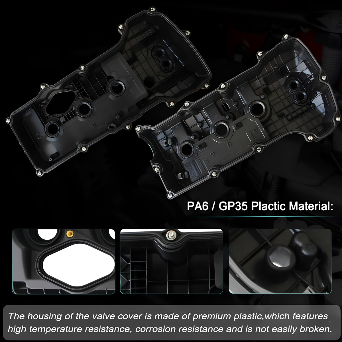 Two black valve covers made of PA6/GP35 plastic, underside and close-up details