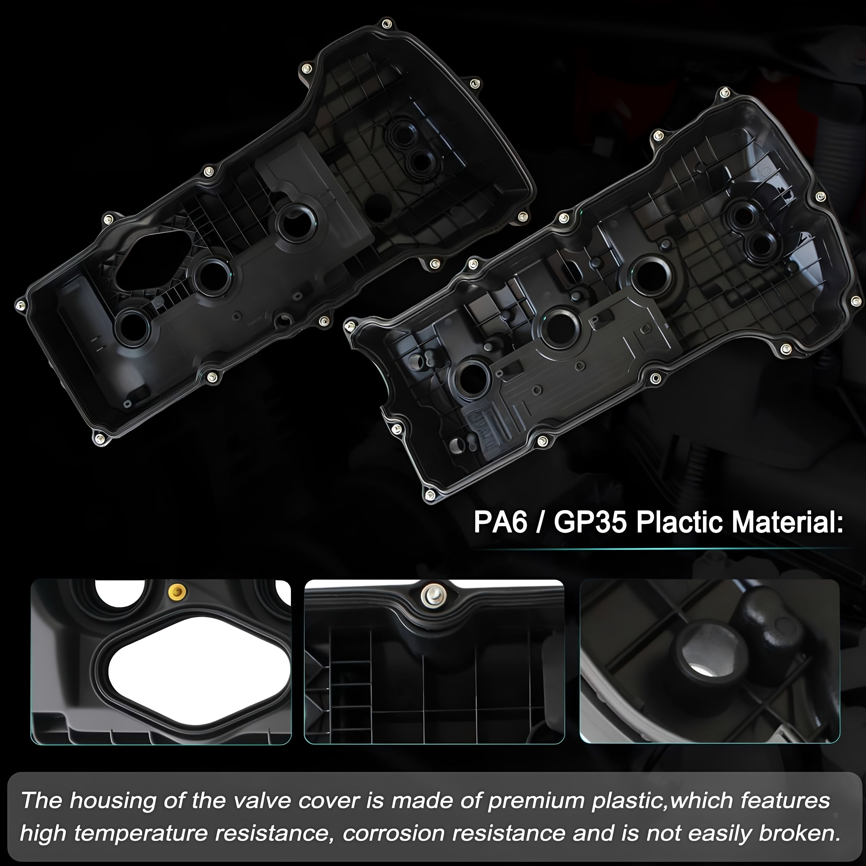 Two black valve covers made of PA6/GP35 plastic, underside and close-up details