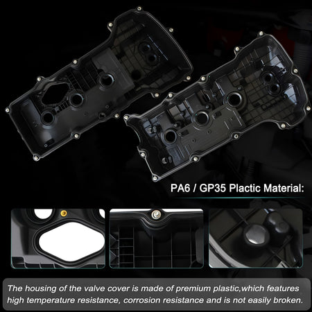 Two black valve covers made of PA6/GP35 plastic, underside and close-up details