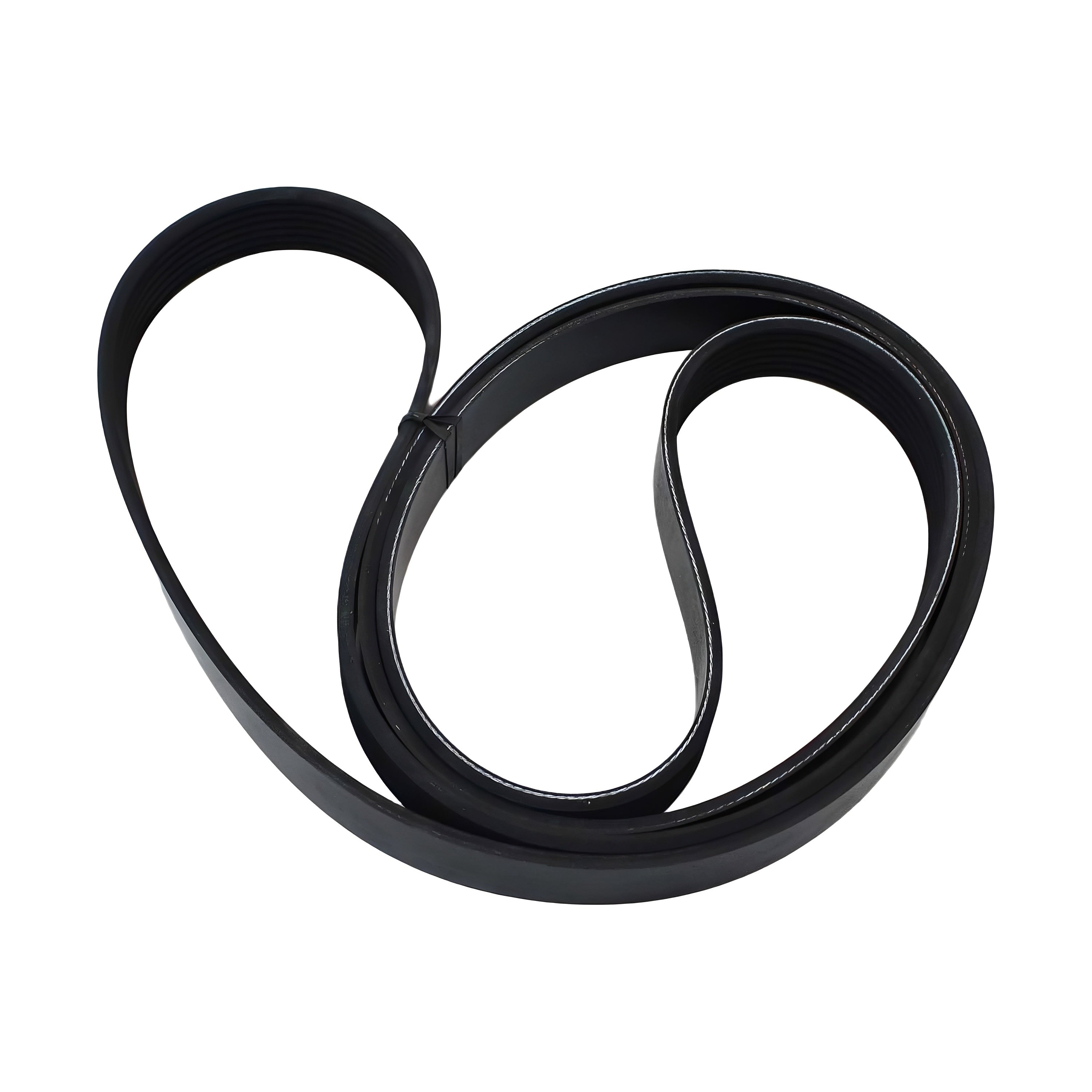 Black serpentine drive belt, looped and ready for replacement.