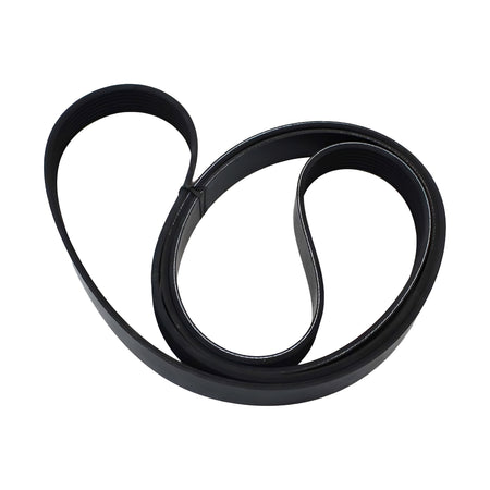 Black serpentine drive belt, looped and ready for replacement.