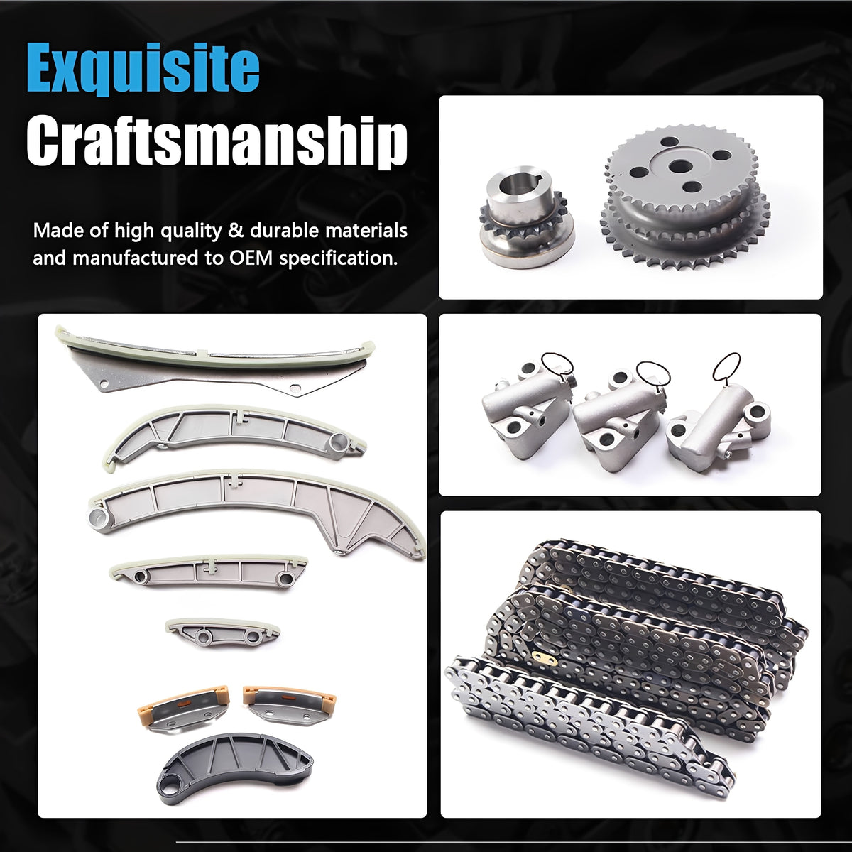 Engine timing chain kit set with sprockets, tensioner parts, chain segments, and guides